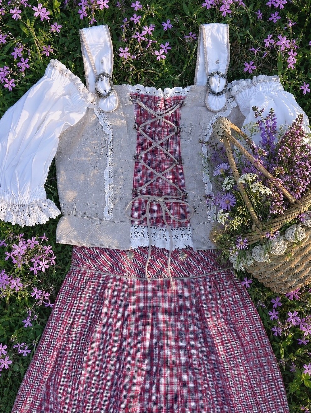 Vintage Red-Beige Plaid Skirt w/ Blouse Set, Oktoberfest, Dirndl, Cottagecore